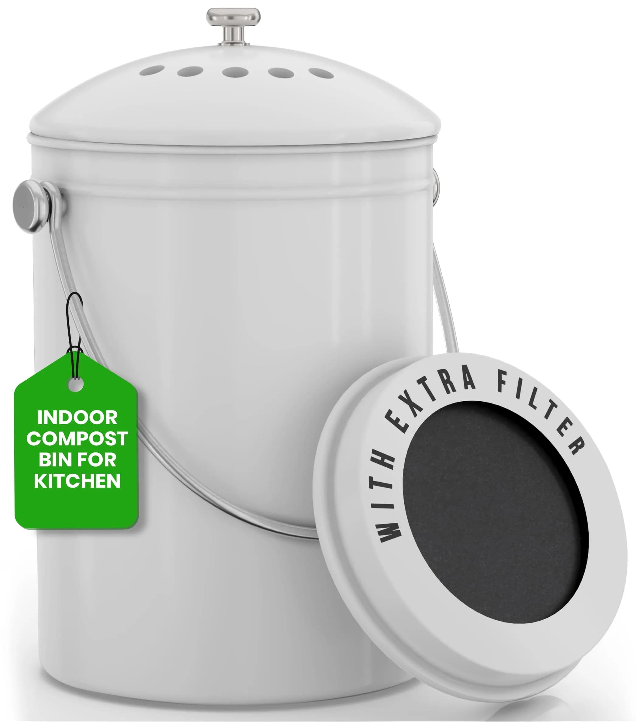 Utopia Kitchen Countertop Compost Bin 1.3 Gallon (4.92L) Stainless Steel Silver | Odorless Kitchen Waste Composter — White / 1.3 Gallon