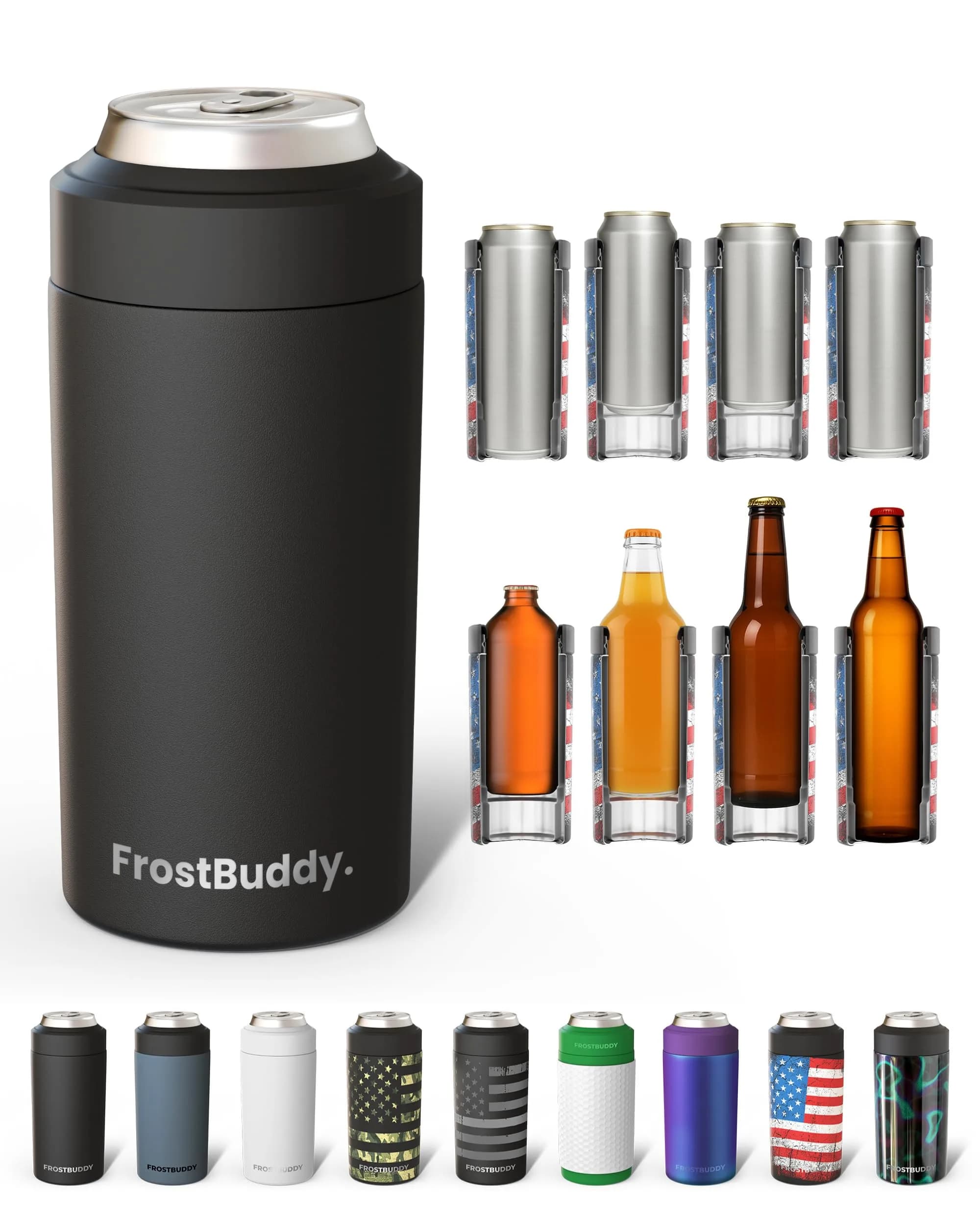 Frost Buddy Universal Can Cooler - Fits Slim Cans, 12 & 16oz, Matte Black | Keeps Drinks Cold Up to 24 Hours - main product image