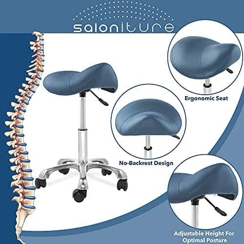 Saloniture Professional Ergonomic Saddle Stool Blue | 18-24 in (45.7-61 cm) Adjustable Height Rolling Chair thumbnail 2