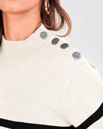 KIRUNDO Striped Turtleneck Sweater XL | Cozy Fall Knit with Metal Button thumbnail 5