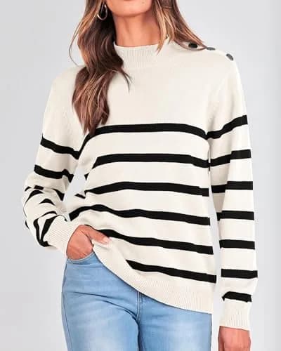 KIRUNDO Striped Turtleneck Sweater XL | Cozy Fall Knit with Metal Button thumbnail 3