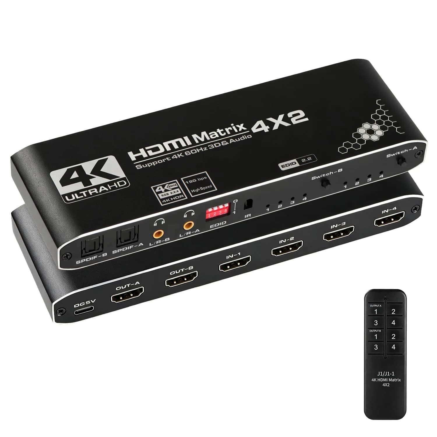 Anber-Tech HDMI Matrix 4x2 Switcher Splitter 4K@60Hz HDR 3D | 4K HDR HDMI 2.0b HDCP 2.2 — 4x2