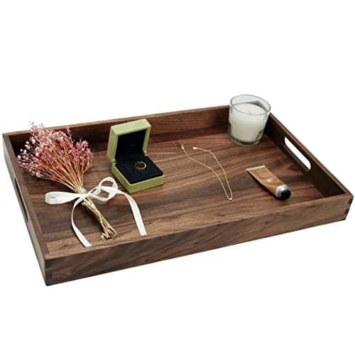 MAGIGO 20"x 12.5" Walnut Wood Rectangle Ottoman Serving Tray with Handles | Classic Vintage Design for Home Decor thumbnail 5
