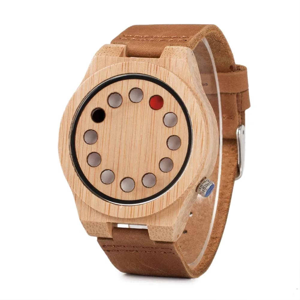 BOBO BIRD Men's Bamboo Wood Watch 45mm Analog Quartz with Genuine Leather Strap | Unique Design for Men — Brown Cat-eye
