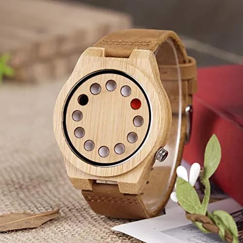 BOBO BIRD Men's Bamboo Wooden Watch with Black Cowhide Leather Strap 12 Holes Timer Design Sports Casual Watches (Brown Cat-Eye) thumbnail 4