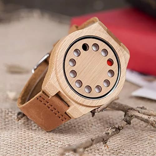BOBO BIRD Men's Bamboo Wooden Watch with Black Cowhide Leather Strap 12 Holes Timer Design Sports Casual Watches (Brown Cat-Eye) thumbnail 2