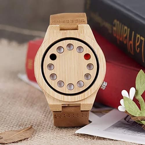 BOBO BIRD Men's Bamboo Wooden Watch with Black Cowhide Leather Strap 12 Holes Timer Design Sports Casual Watches (Brown Cat-Eye) thumbnail 3