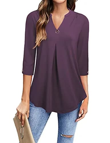 VALOLIA Women's V Neck 3/4 Sleeve Blouse XX-Large Dark Purple | Stylish & Casual Tunic thumbnail 1