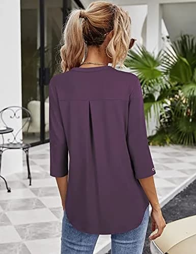 VALOLIA Women's V Neck 3/4 Sleeve Blouse XX-Large Dark Purple | Stylish & Casual Tunic thumbnail 2