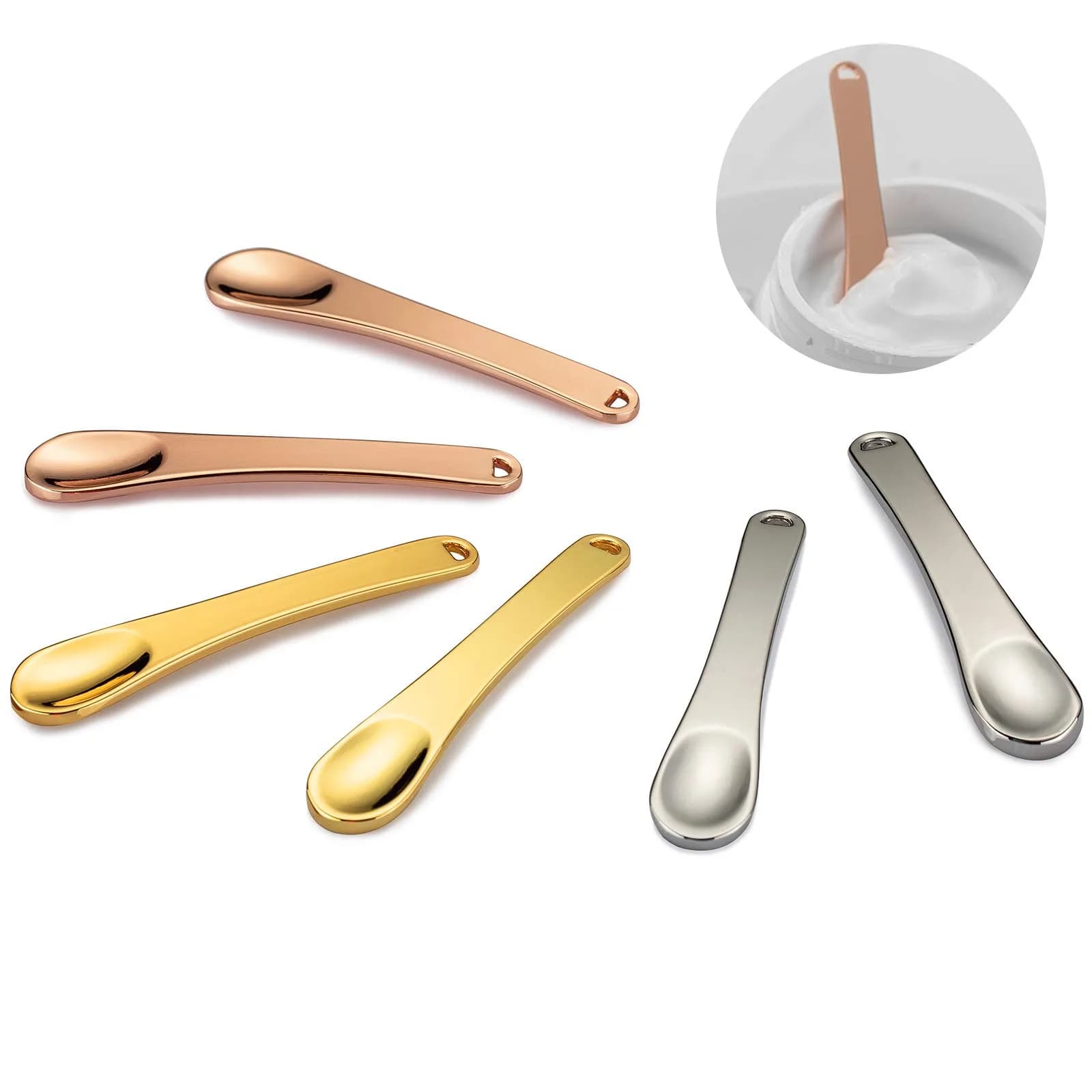 Tekson Metal Cosmetic Spatula Set 6 Pieces (2.36" x 0.47") | Reusable Makeup Beauty Spoons for Cream, Lotions, Moisturizers — Rose Gold+Gold+Silver