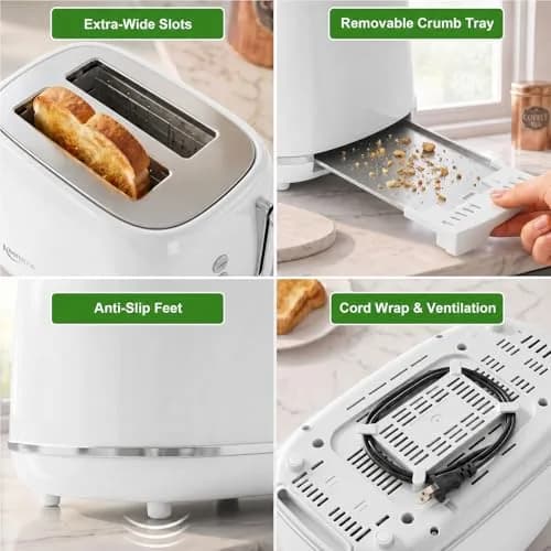 Keenstone 2 Slice Toaster | Retro Stainless Steel Kitchen Essential, White | Wide Slot, 6 Browning Levels thumbnail 6