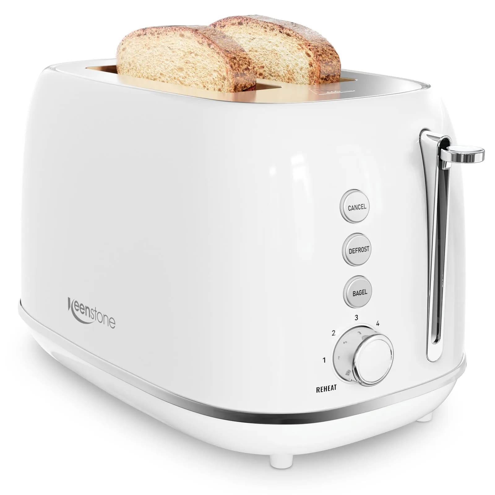 Keenstone 2 Slice Toaster | Retro Stainless Steel Kitchen Essential, White | Wide Slot, 6 Browning Levels