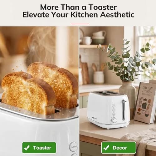 Keenstone 2 Slice Toaster | Retro Stainless Steel Kitchen Essential, White | Wide Slot, 6 Browning Levels thumbnail 2