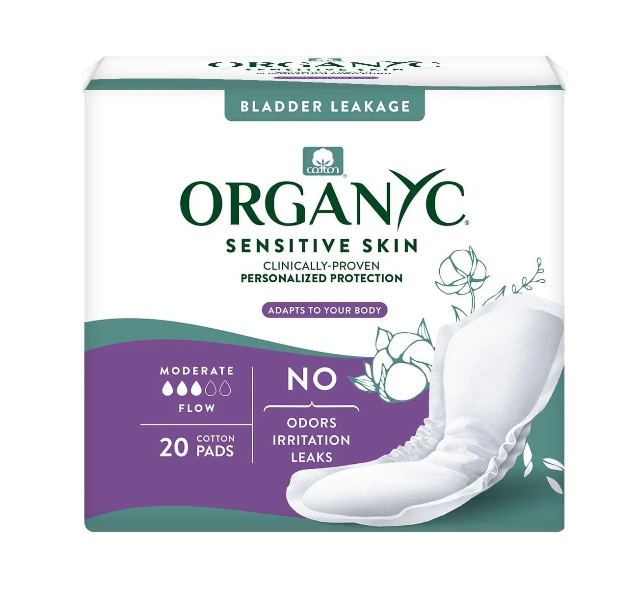 Organyc Organic Cotton Incontinence Pads Maximum Absorbency, 16 Count (1 Pack) | Hypoallergenic & Fragrance-Free — Moderate Flow