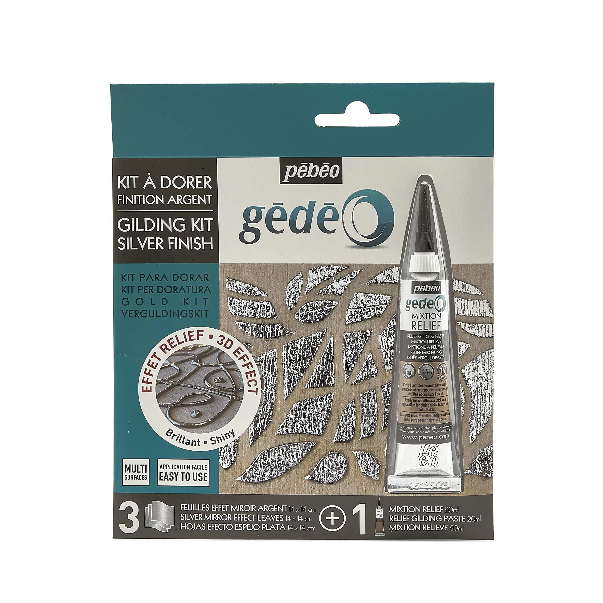 Pebeo GEDEO Mirror Effect Leaf Gilding Kit with Silver Foil & Relief Paste | 3 Foils (14x14cm) & 20ml Paste - main product image