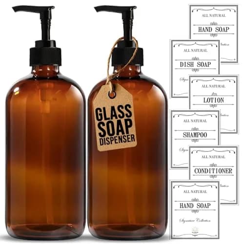 Sunrise Premium Amber Glass Soap Dispenser with Pump, 2 Pack | Elegant Lead-Free Glass for Kitchen & Bathroom thumbnail 1