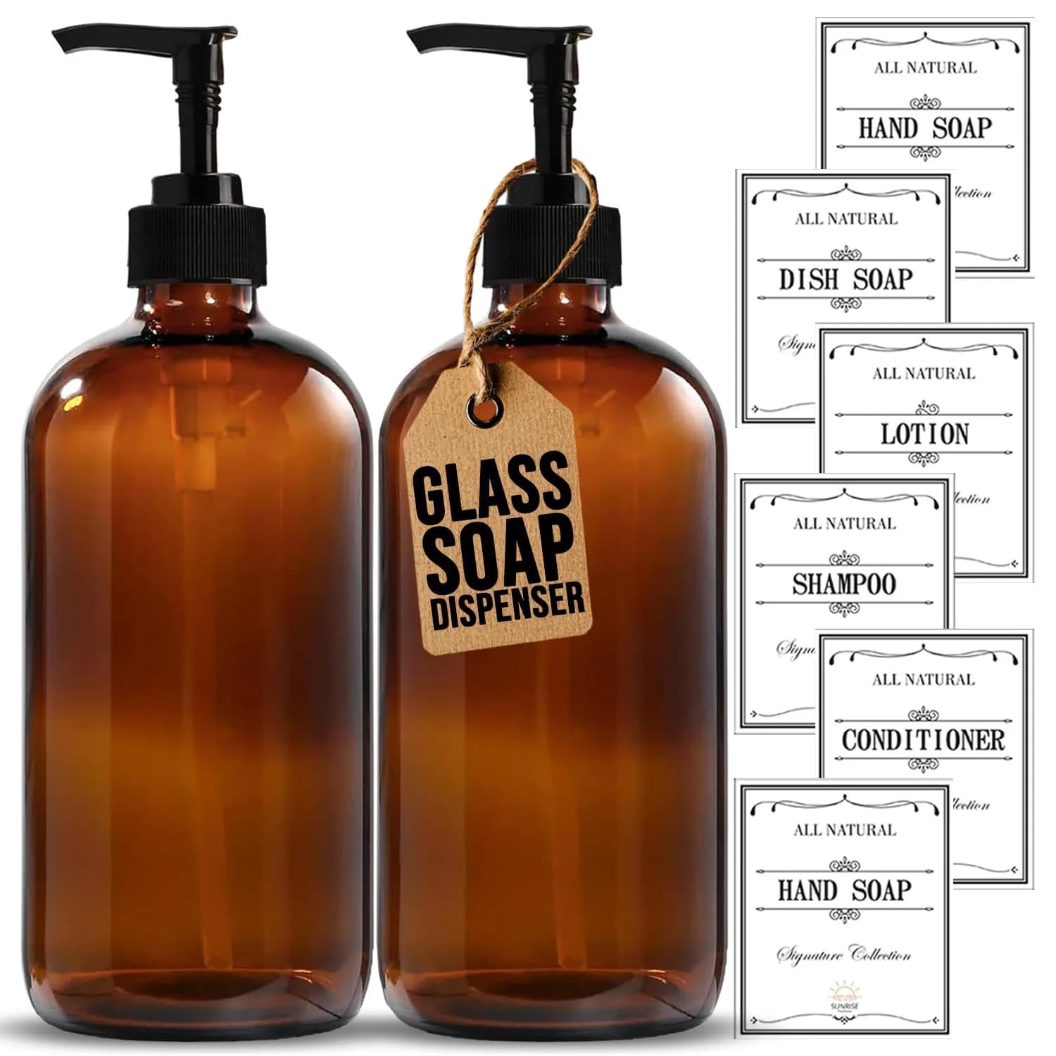 Sunrise Premium Amber Glass Soap Dispenser with Pump, 2 Pack | Elegant Lead-Free Glass for Kitchen & Bathroom - main product image
