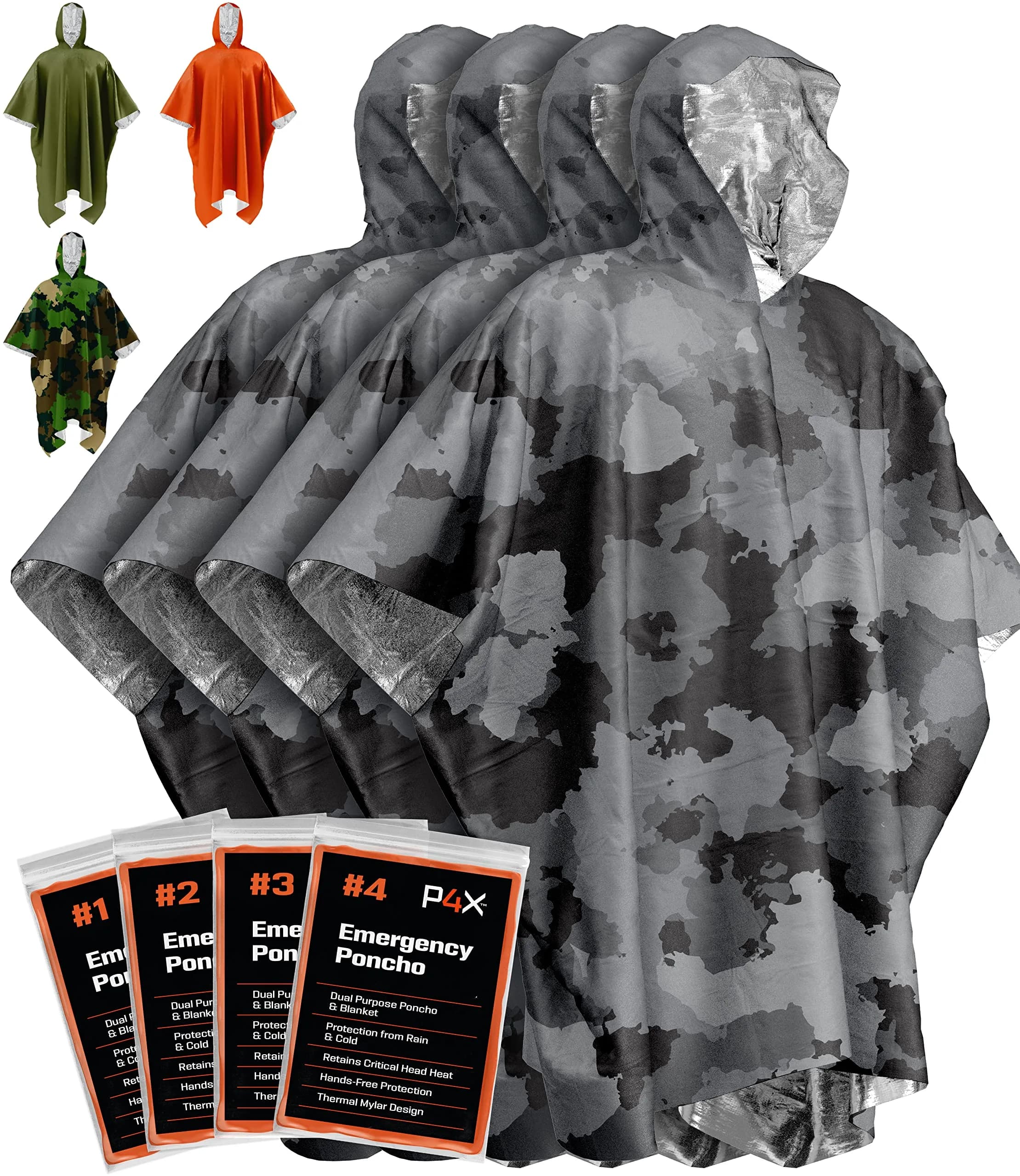 PREPARED4X Emergency Poncho with Mylar Blanket Liner 4-Pack | Waterproof & Wind-Resistant for Camping & Survival — Grey Camo