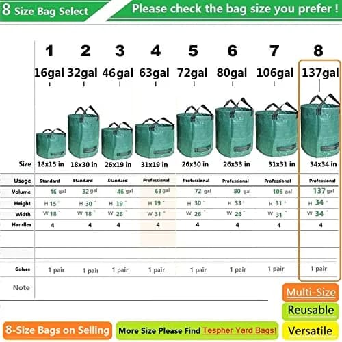 Tespher Lawn Garden Waste Bags 137 Gallon | Heavy Duty Reusable Yard Debris Containers (D34,H34 in) with Gardening Gloves thumbnail 7