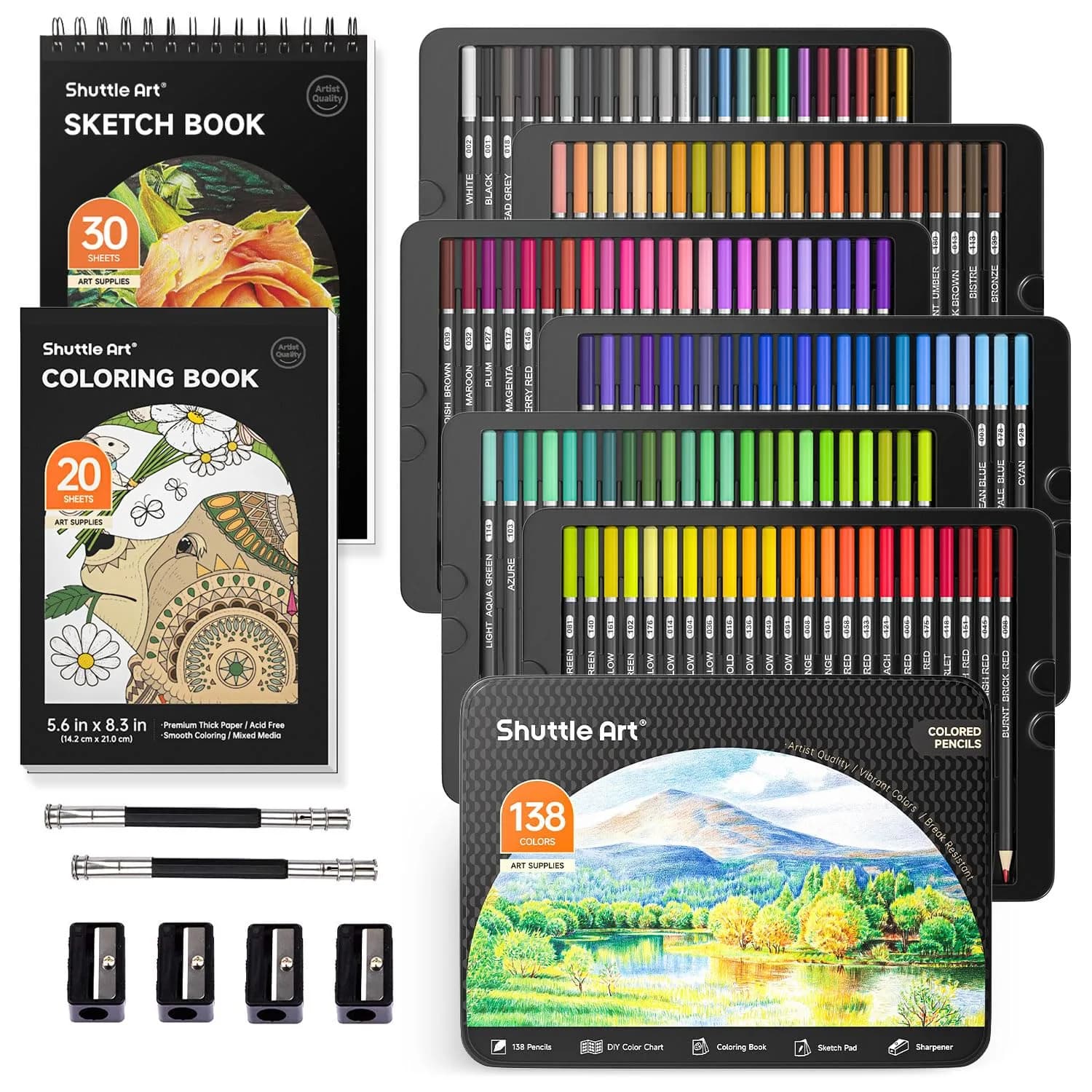 Shuttle Art 138 Colored Pencils Set with Sketch Pad & Book | Vibrant, Break-Resistant, Perfect for Artists & Kids