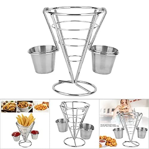 Zerodis Double Cup French Fry Stand with Sauce Holder | Metal Wire Basket for Kitchen Home Parties Backyard Picnics thumbnail 9