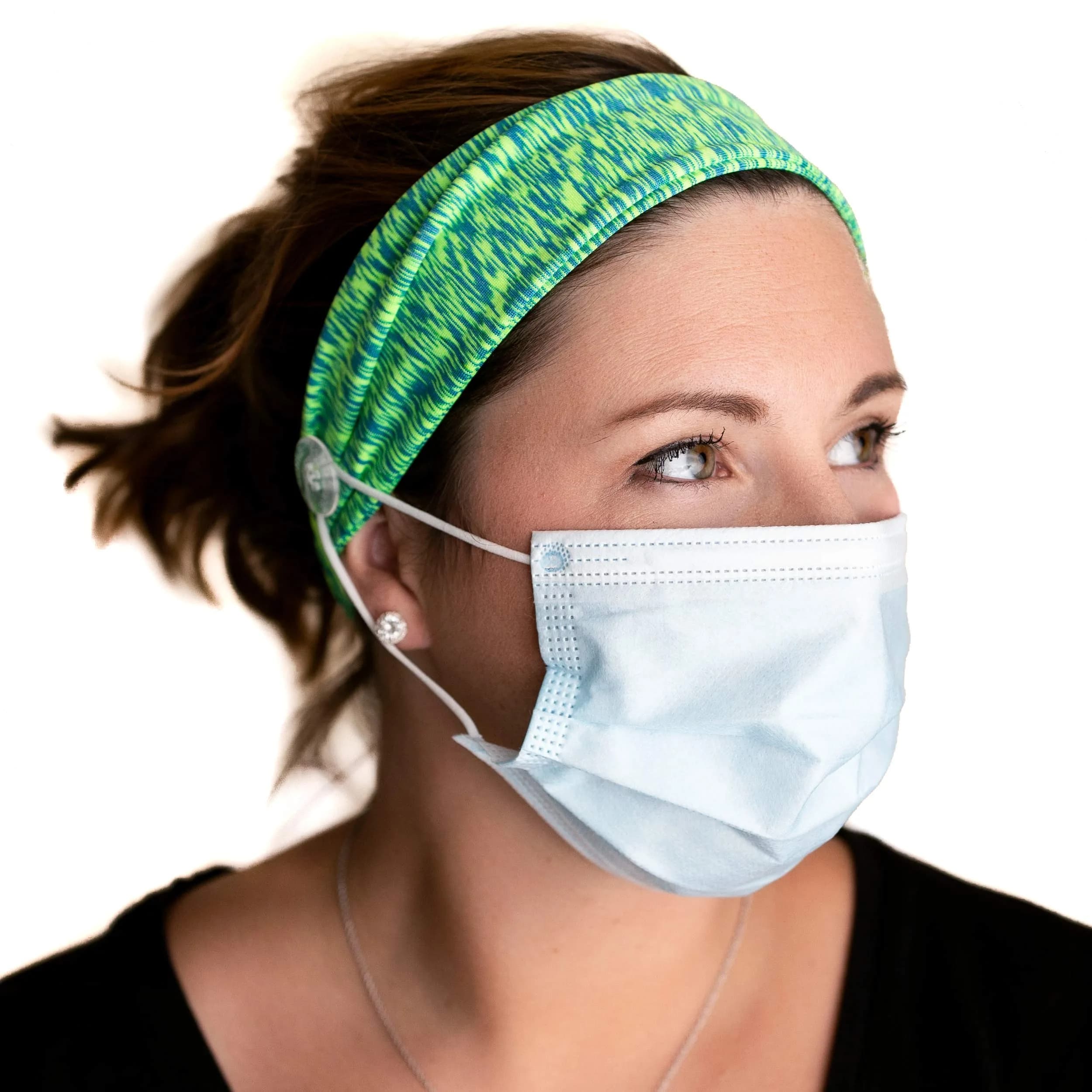 Three Little Tots Savior Band Headbands with Buttons for Mask Use, Green & Blue | Protects Ears from Mask Elastics