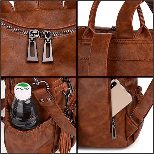 UTO Women Backpack Purse Oil Wax PU Leather Travel Shoulder Bag Brown B | Fits up to 14" Laptop thumbnail 5