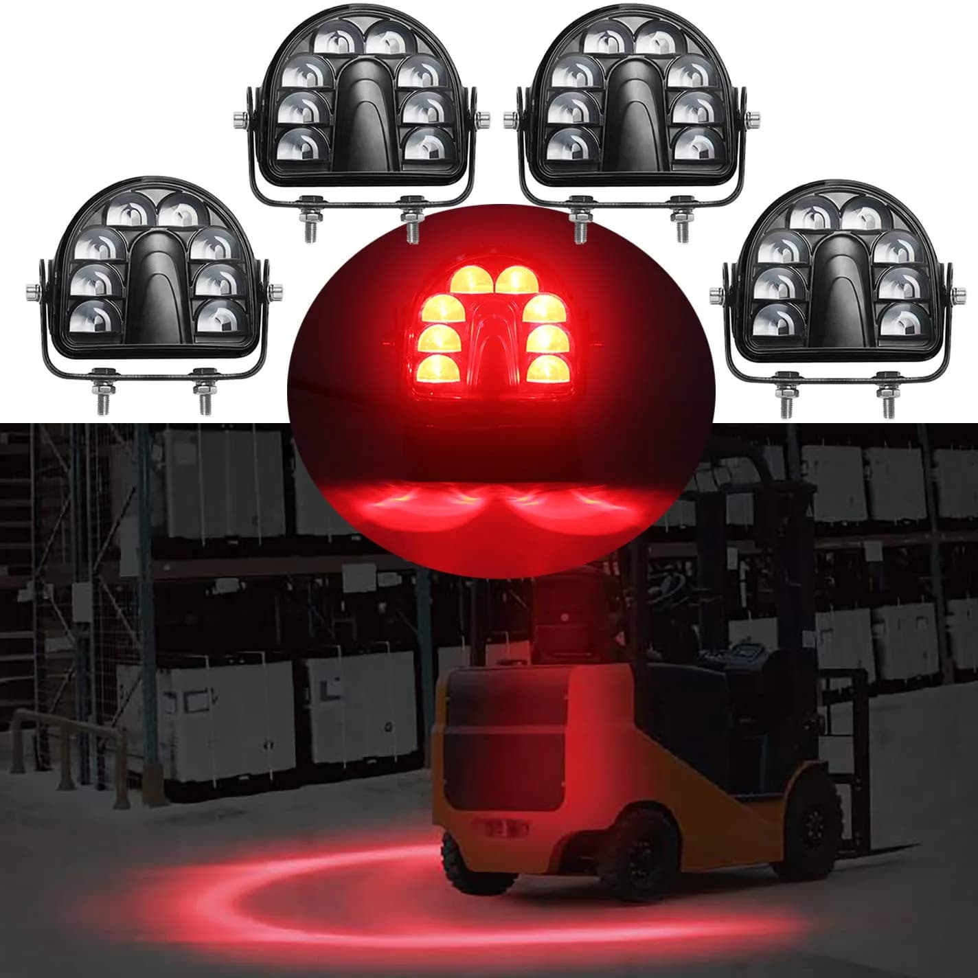 ONERAY 4-Pack Red Arc LED Forklift Safety Light 20W (40W Total) | Warehouse Pedestrian Warning Zone Spotlight - main product image