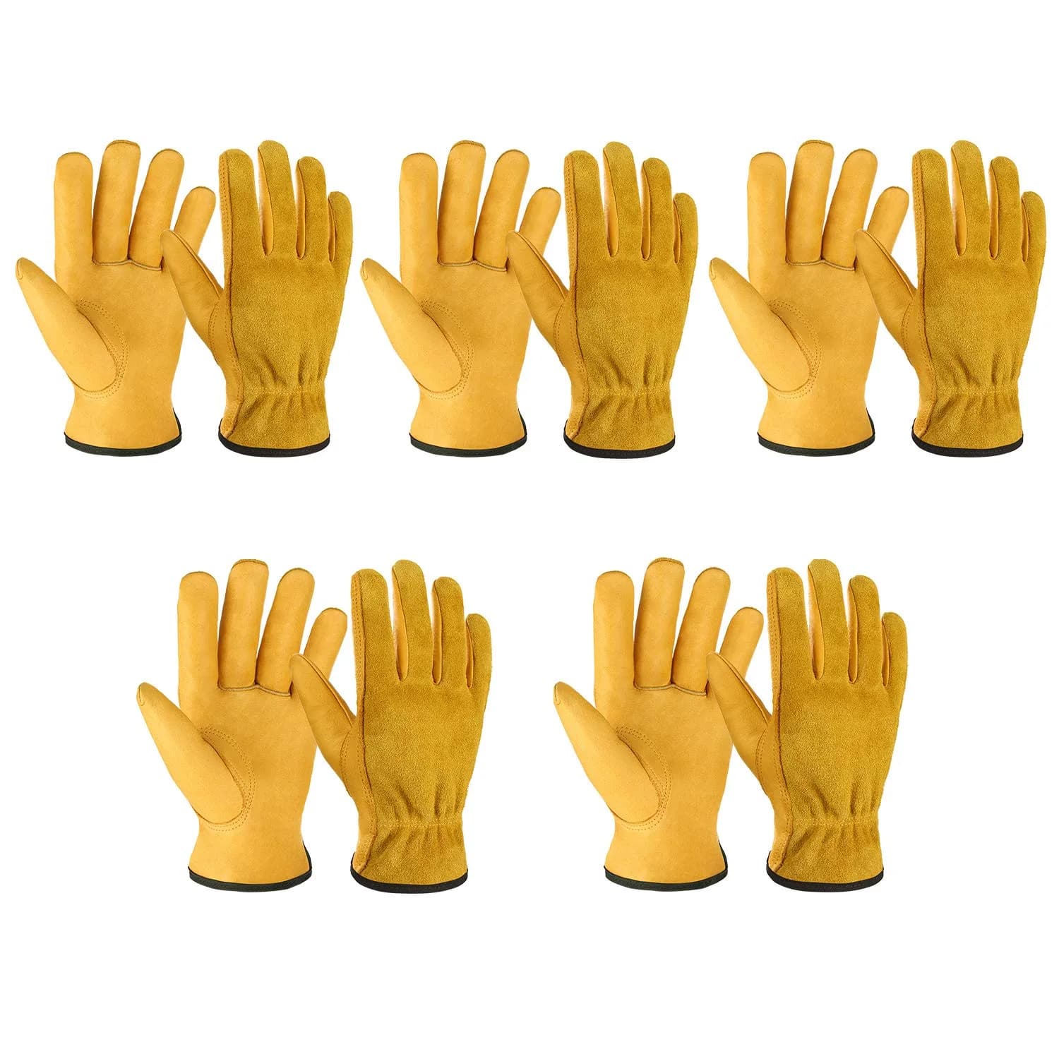 OZERO Leather Work Gloves Large | EN388 Certified Tough Cowhide for Gardening, Construction, Driving — Gold(5 Pair)