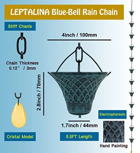 LEPTALINA 8.5FT Bell Iron Rain Chain with Adapter, Blue | 2.56m (102.4in) Decorative Cascade thumbnail 3