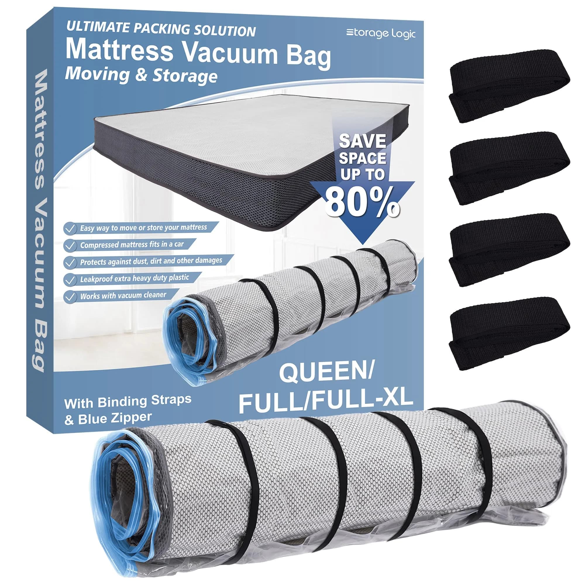 Storage Logic Mattress Vacuum Bag Queen/Full/Full-XL with Blue Zipper & Straps | Compresses Mattress for Moving & Storage