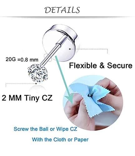 Tornito Tiny Cartilage Earrings 20G Stainless Steel Small Round CZ Set for Men Women | 10 Pairs thumbnail 2