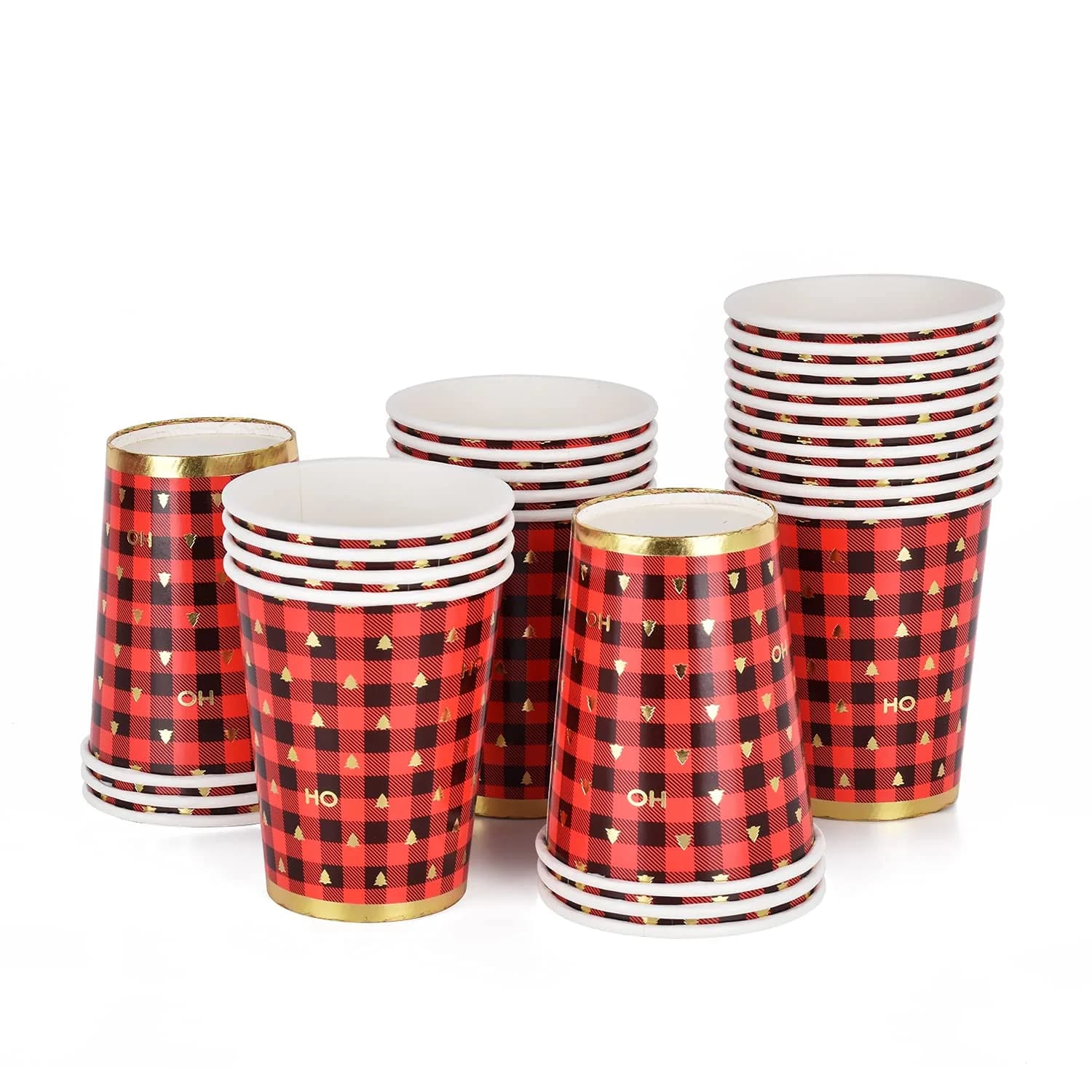Gatherfun Christmas Plaid Paper Cups 237ml (8 OZ) | Red Black Gold Design - main product image