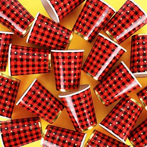Gatherfun Christmas Plaid Paper Cups 237ml (8 OZ) | Red Black Gold Design thumbnail 4