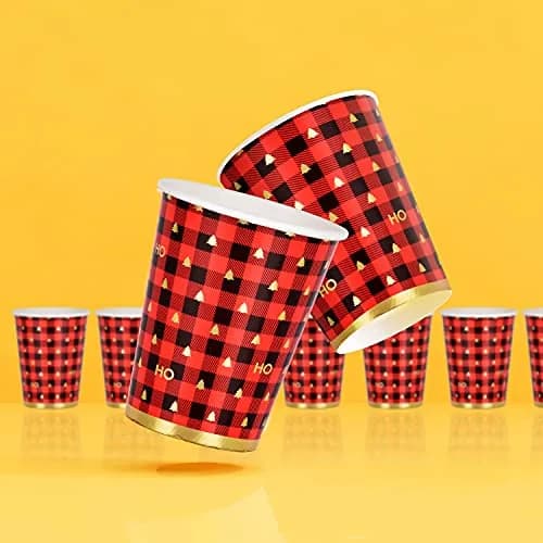 Gatherfun Christmas Plaid Paper Cups 237ml (8 OZ) | Red Black Gold Design thumbnail 3