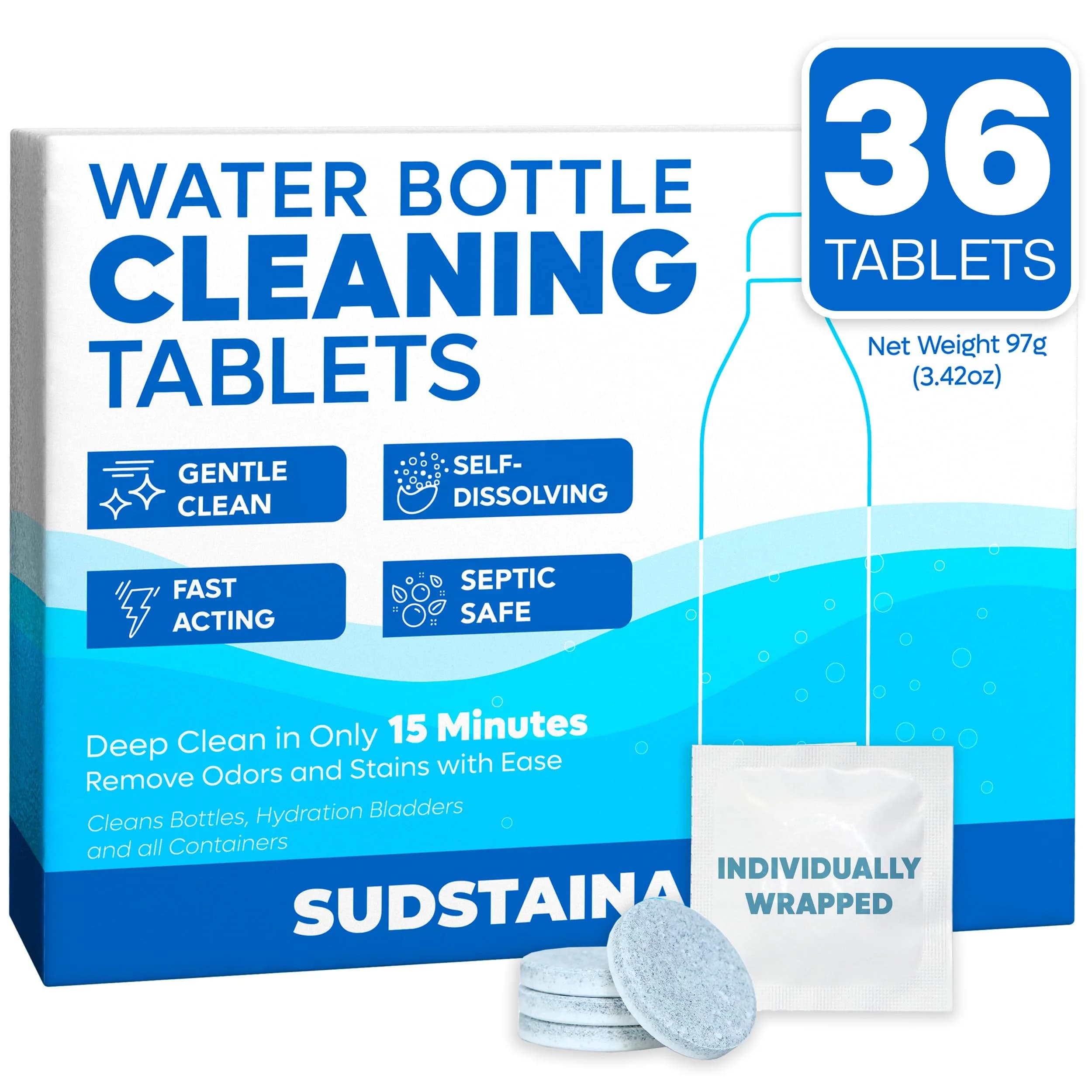 Sudstainables Water Bottle Cleaning Tablets 36 Count | Cleans Reusable Bottles, Tumblers, Flasks and Hydration Packs - main product image