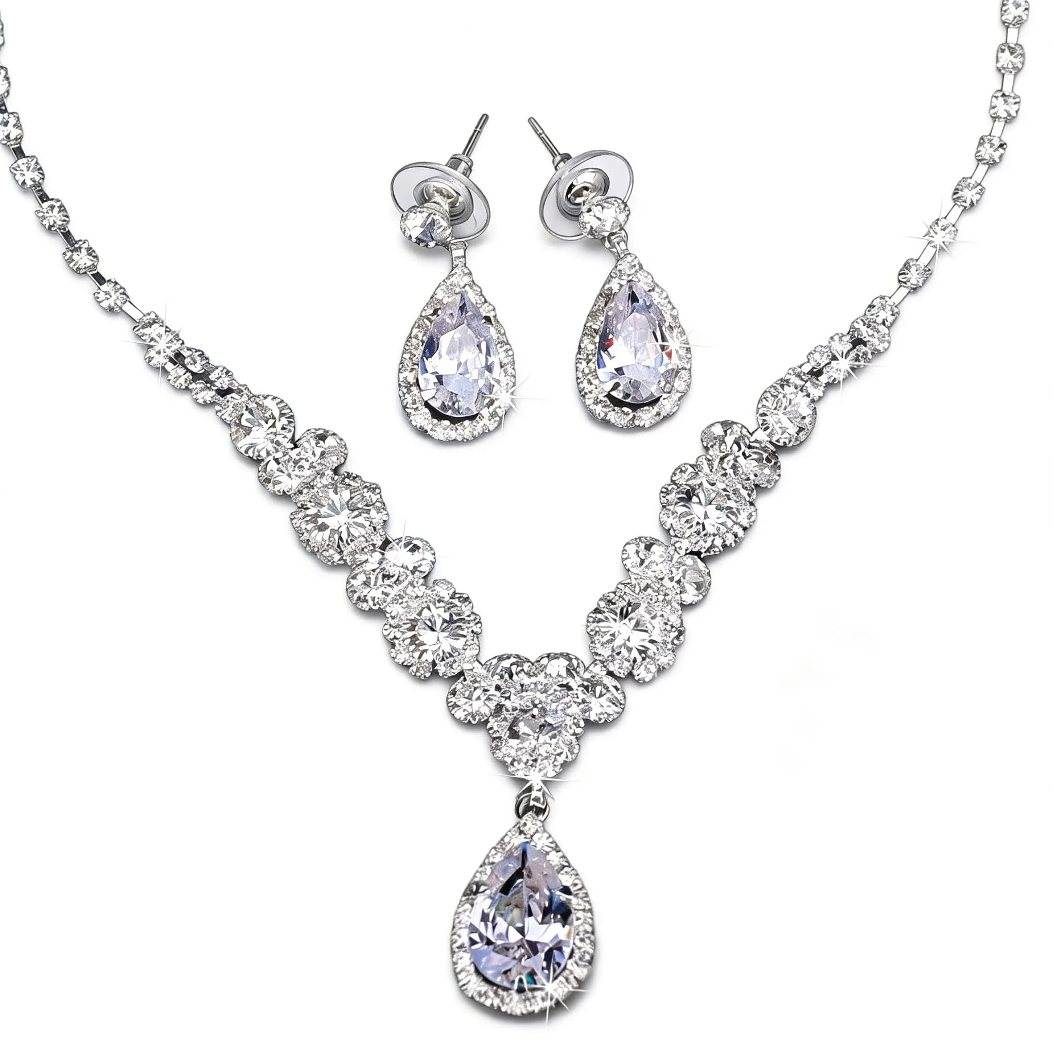 COCIDE Bride Jewelry Set Silver Crystal Wedding Necklace Earrings Bridal Rhinestone Teardrop Pendant Accessories (3 Piece Set, 45cm) - main product image