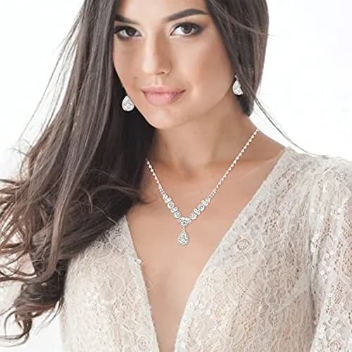 COCIDE Bride Jewelry Set Silver Crystal Wedding Necklace Earrings Bridal Rhinestone Teardrop Pendant Accessories (3 Piece Set, 45cm) thumbnail 9