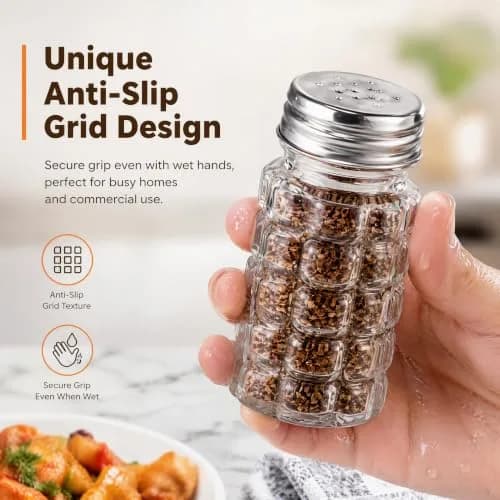 Jucoan Salt and Pepper Shakers Set, 16 Pack, Retro Glass with Metal Lids | Classic Kitchen Essential thumbnail 3