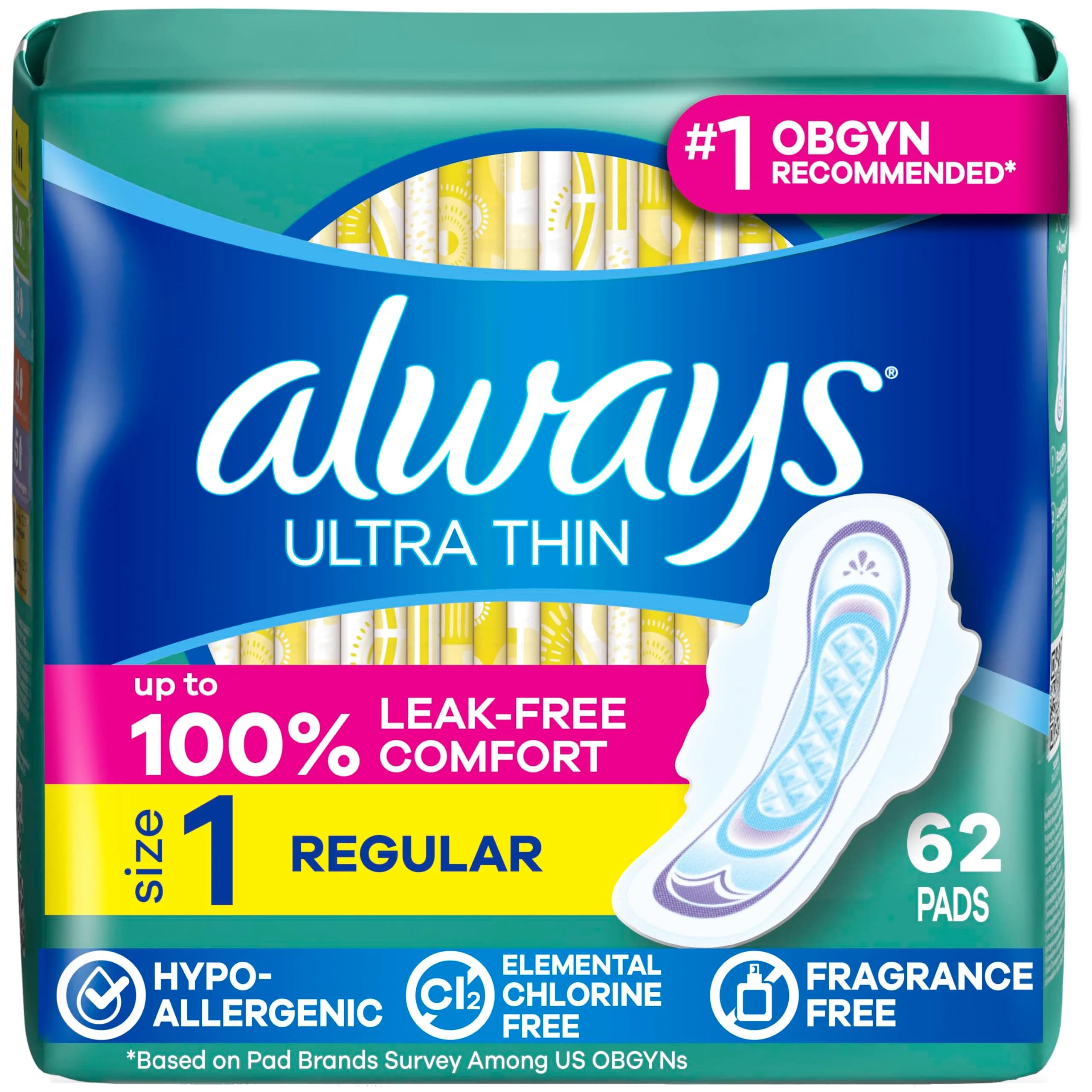 Always Ultra Thin Feminine Pads Size 1 Regular Absorbency 62 Count | Up to 100% Leak-Free Protection