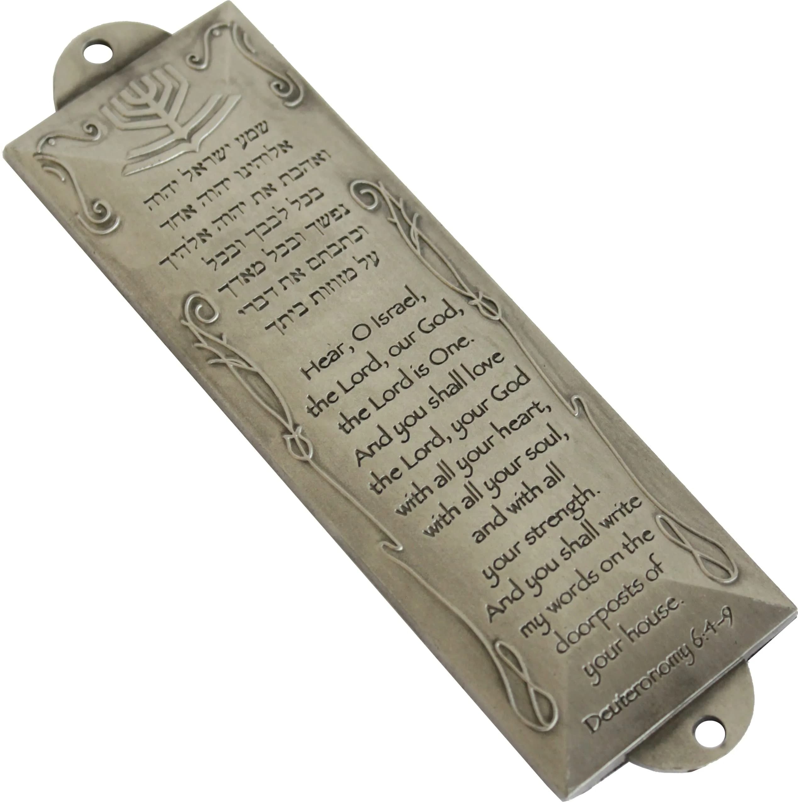 Holy Land Market Pewter Mezuzah with Scroll & English/Hebrew Design | Authentic Judaica for Doorposts - main product image