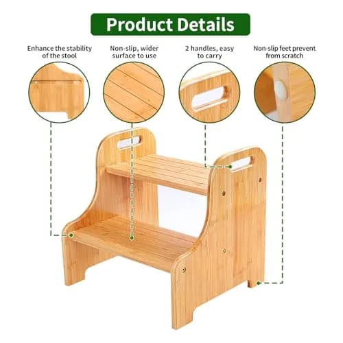 VaeFae Bamboo 2-Step Stool | Natural Bamboo, Stable & Non-Slip, Easy Assembly thumbnail 3