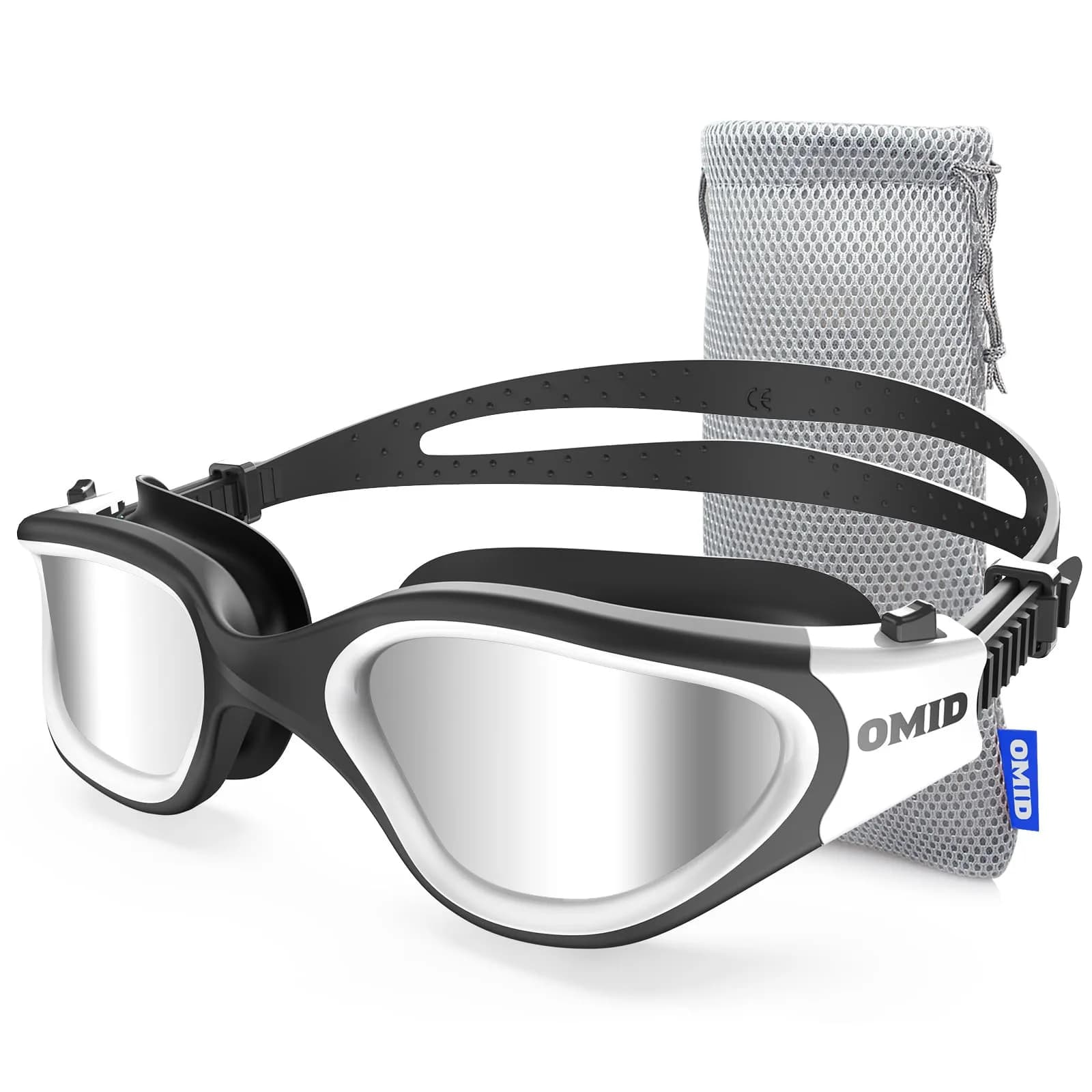 OMID Polarized Swim Goggles for Adults | 180° Wide View Anti-Fog — A5-black White Frame Silver Lens