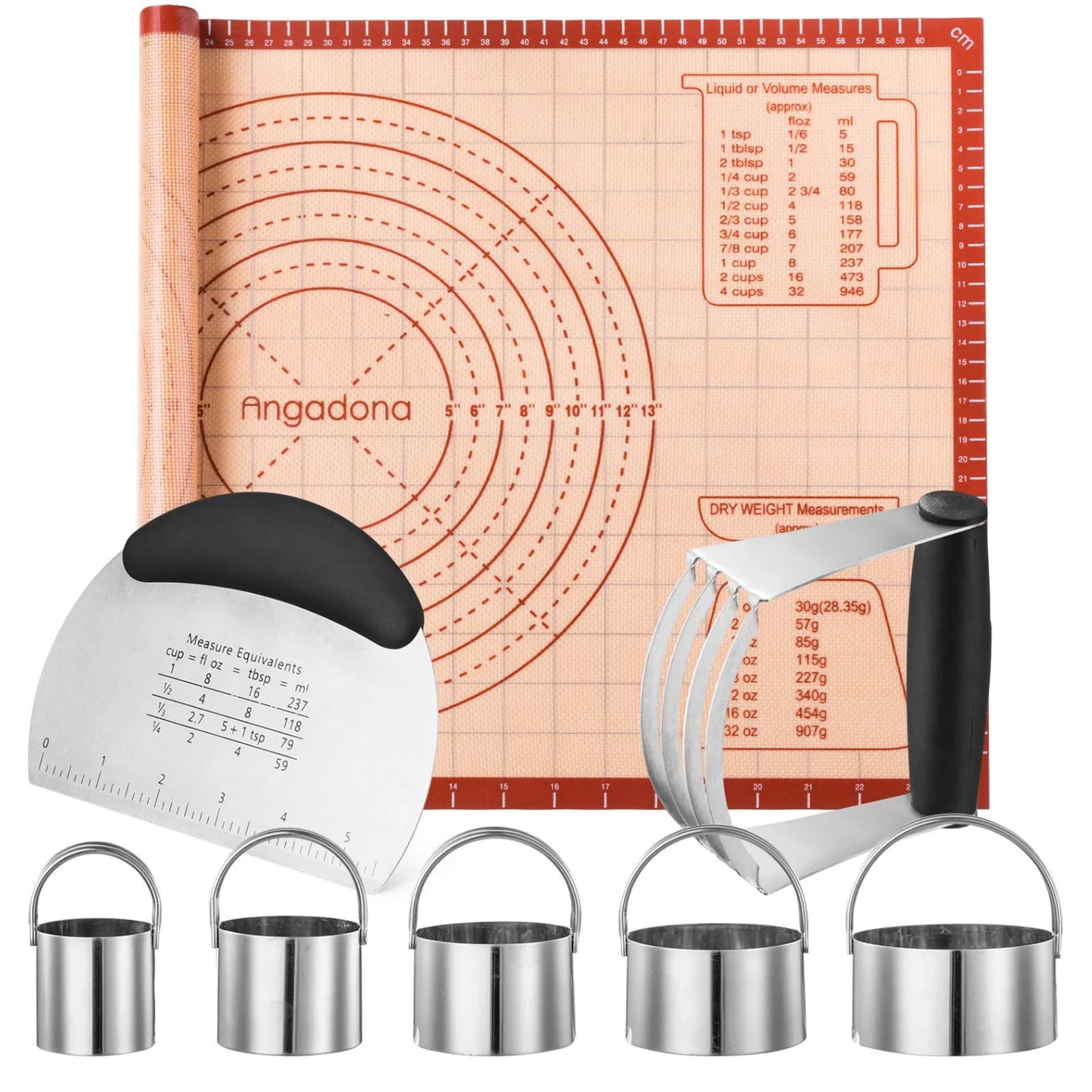 Angadona Complete Pastry Tool Set with Silicone Baking Mat, Biscuit Cutters, Dough Blender & Scraper | 8-Piece Set - main product image