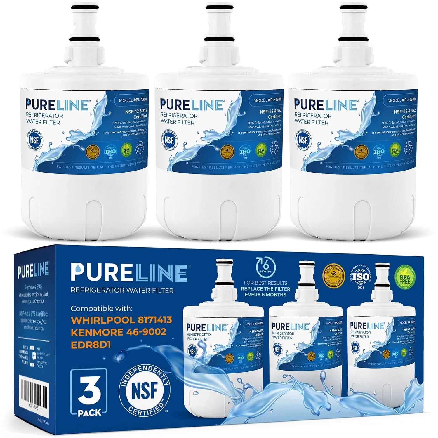 Pureline Refrigerator Water Filter 3 Count (7.5 x 9.75 x 7 inches) | NSF Certified for Taste & Odor Reduction - main product image