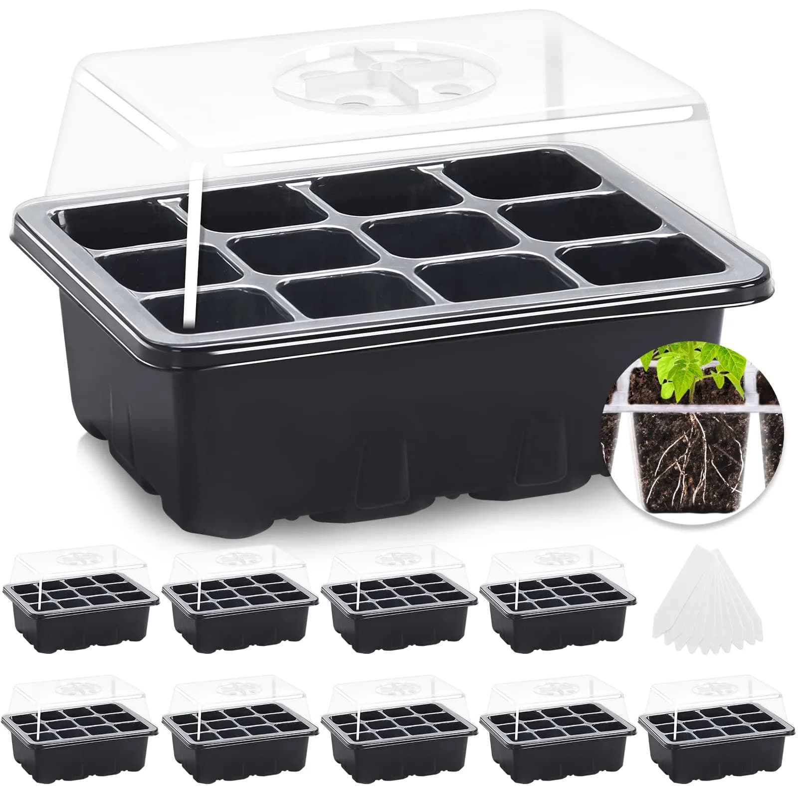 MIXC 10 Pack Seed Starter Tray with Humidity Dome & 120 Cells | 18.5cm x 12.2cm x 11.2cm (7.3" x 4.8" x 4.4")