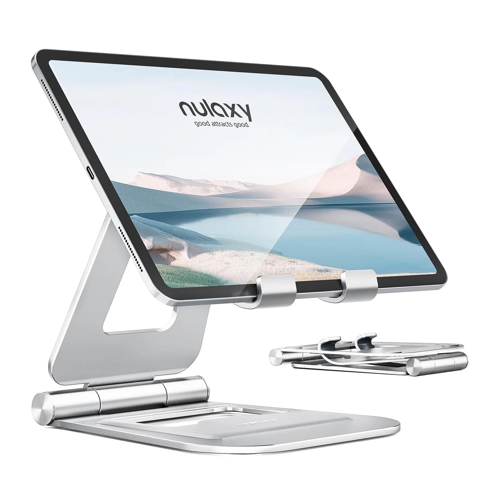 Nulaxy Dual Adjustable Foldable iPad Stand, Full Aluminum, Silver | Universal Compatibility & Sturdy Aluminum Design