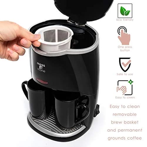 Moss & Stone Mini Drip Coffee Maker with 2 Mugs, 5oz Capacity | Compact Single Serve Brewer thumbnail 4