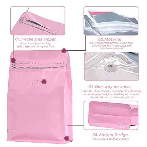 REMTAP Pink 8oz (227g) Coffee Bags with Valve & Zipper | 50 Count Flat Bottom Pouches thumbnail 3