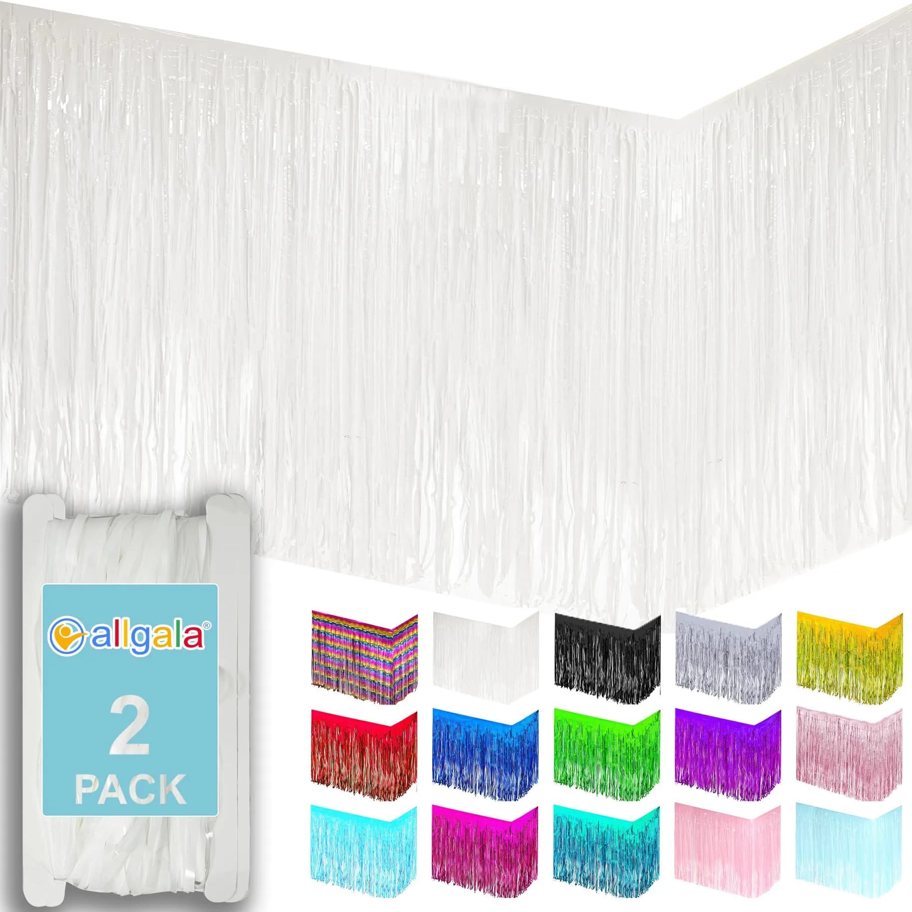 Allgala Turquoise Metallic Foil Fringe Tinsel Table Skirt 2-Pack 216 Inch (18 Ft) Total Length | Party & Event Decor — White